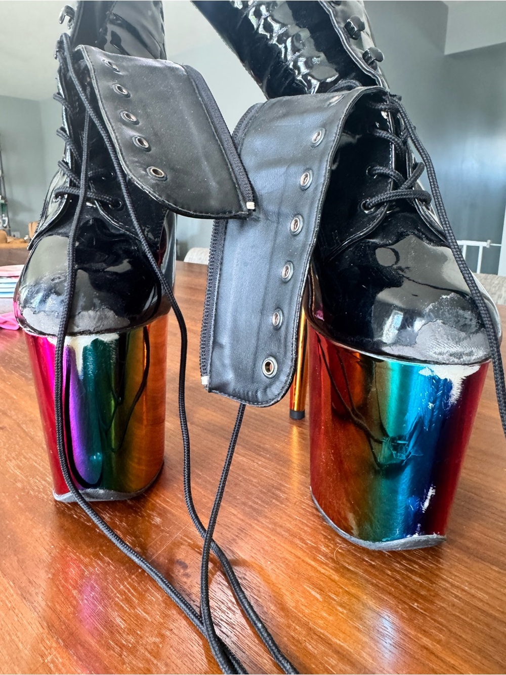 Pleaser Black Patent Lace-Up Platform Heels with Rainbow Mirror Platform - Picture 5 of 6